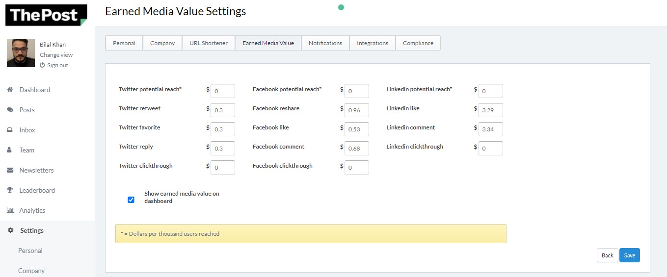 Screenshot showing how to calculate earned media value