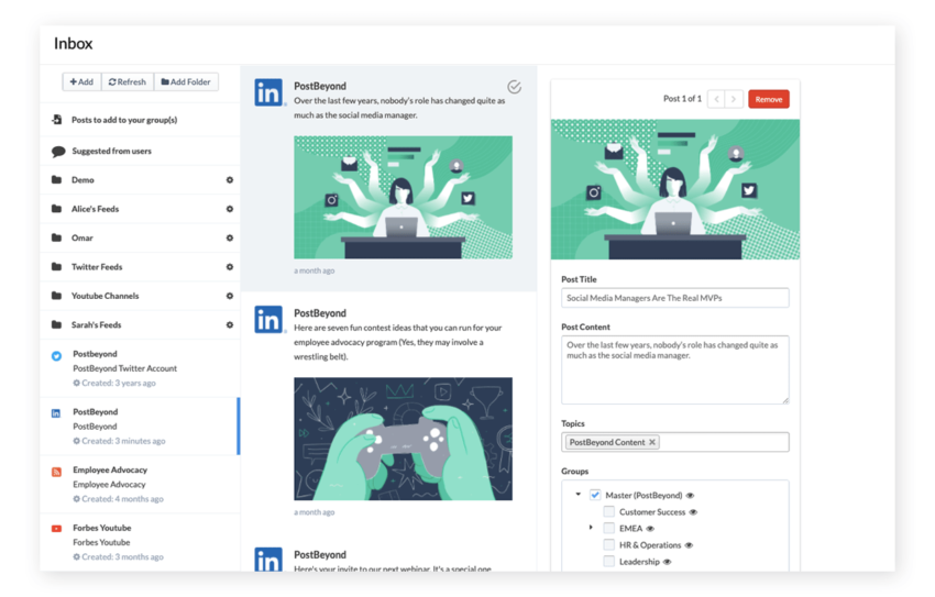 PostBeyond Inbox feature for content curation